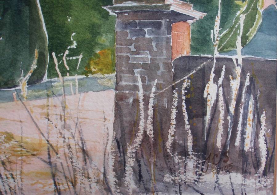 Charming original Judy Shepley -Dew on Spider Webs-  Dawn at Sharsted Yews. English country home.