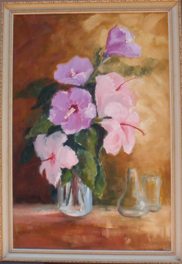 Original oil painting, Hibiscus Still Life by O.L.James. Gorgeous delicate piece.