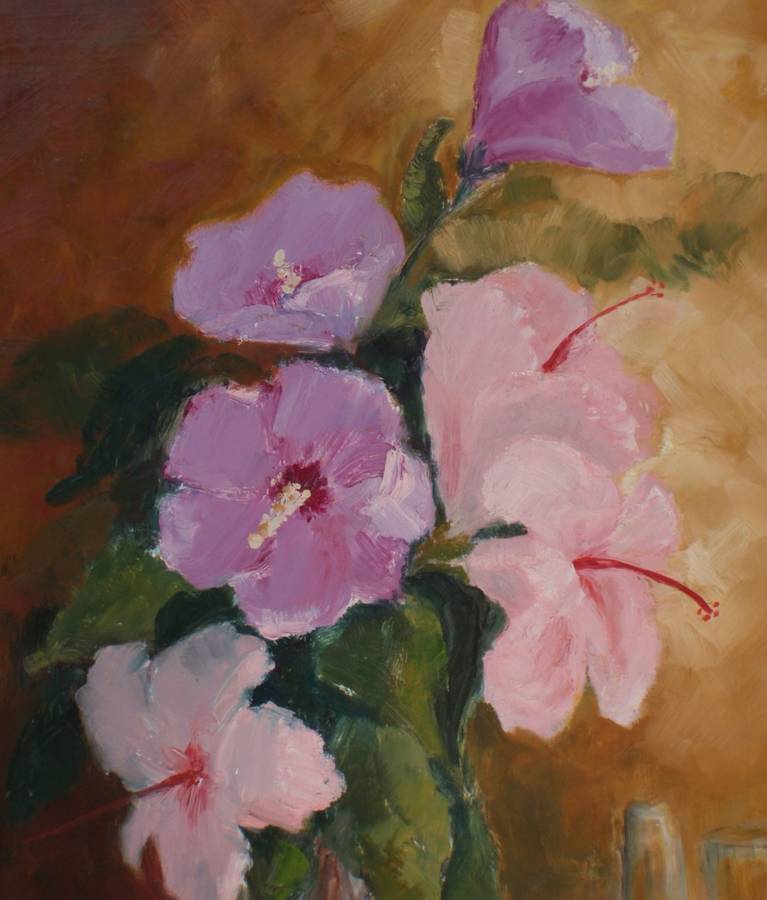 Original oil painting, Hibiscus Still Life by O.L.James. Gorgeous delicate piece.