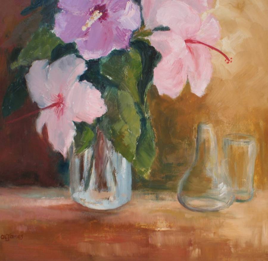 Original oil painting, Hibiscus Still Life by O.L.James. Gorgeous delicate piece.