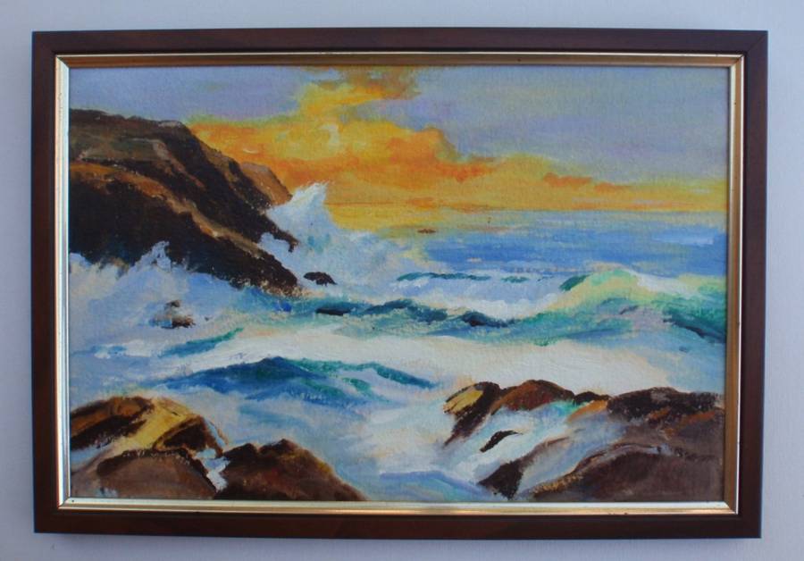 Original impressionist seascape. A beautiful oil painting of a dramatic sunrise over the ocean.
