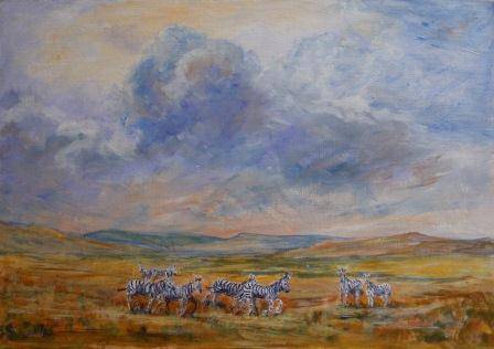 BEAUTIFUL Original oil painting 'A Promise of Rain' Zebras in African Landscape BARGAIN PRICE!!!
