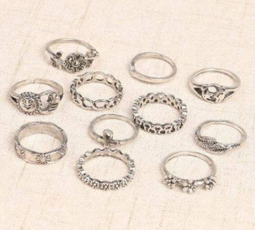 JT - 11 Pcs/Set Women Ring Jewelry Bohemian Sun Moon Stars Leaves Flowers Fashion Rings Se