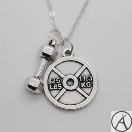 High Quality Rhodium plated Antique Silver Tone Alloy 25LBS Weight Plate Barbell Necklace