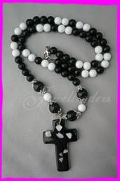 JT - Black & White Lucite Cross On Black & White Beaded Necklace