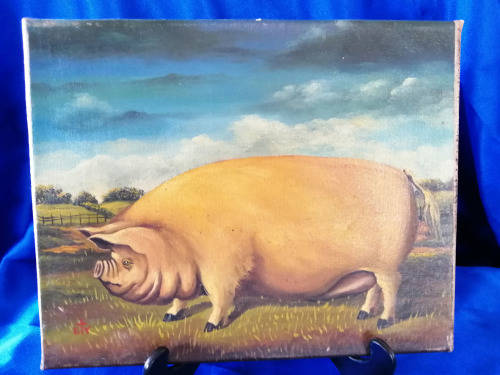Unusual Victorian Signed Oil on Canvas of a Prize Pig *