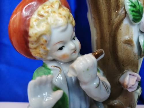 Vintage Porcelain Flower Vase Boy Playing Flute Decor Victorian