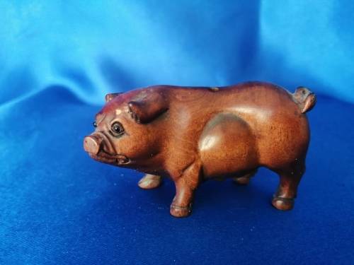 Boxwood Hand Carved Japanese Nutsuke Sculpture Female Pig  #