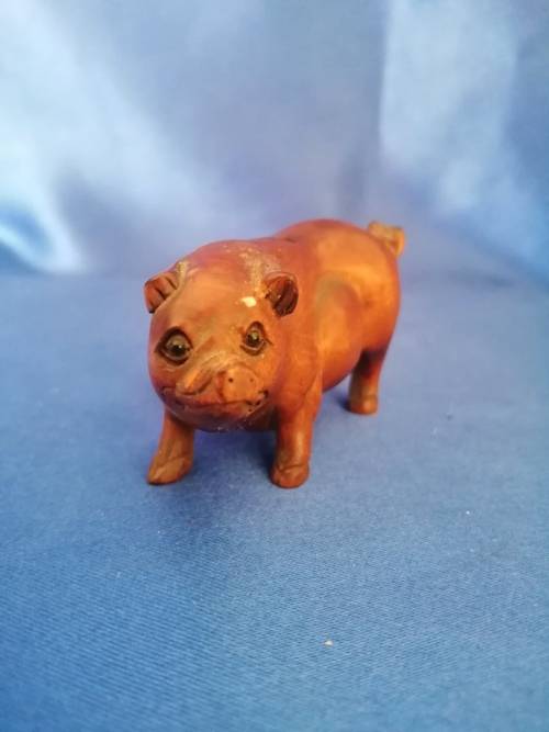 Boxwood Hand Carved Japanese Nutsuke Sculpture Female Pig  #