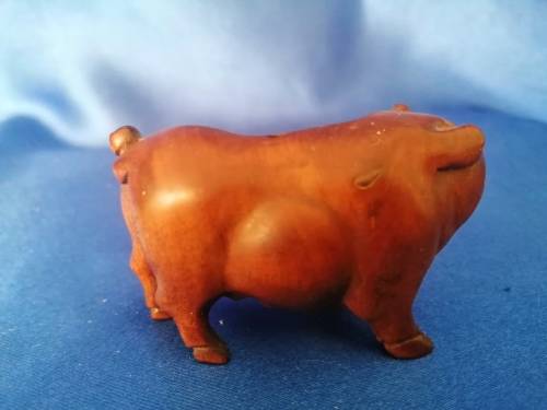 Boxwood Hand Carved Japanese Nutsuke Sculpture Female Pig  #