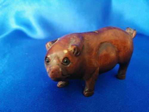 Boxwood Hand Carved Japanese Nutsuke Sculpture Female Pig  #