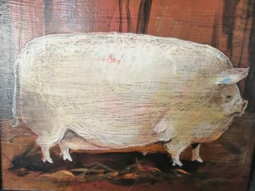Vintage Painted Pig Picture on Wood  #