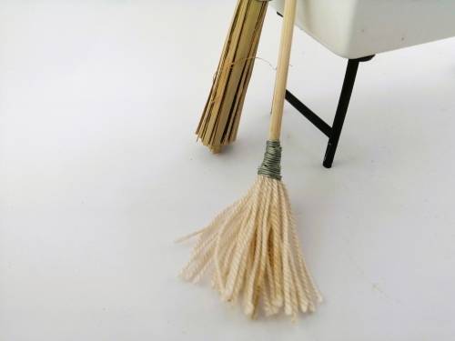 Vintage Dollhouse Miniature Ceramic Sink brushes and mop