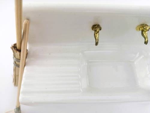 Vintage Dollhouse Miniature Ceramic Sink brushes and mop