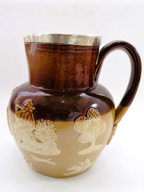 Antique Doulton Lambeth Victorian Hallmarked James Deakin Silver Collared Hunting Jug Pitcher
