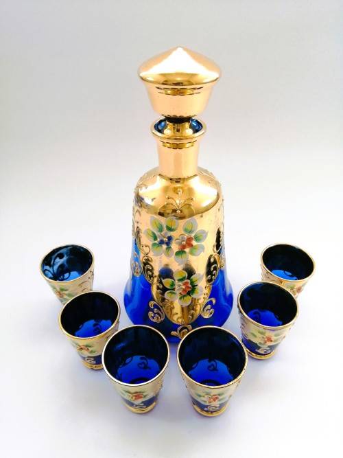Vintage Italian Cobalt Blue & Gold Venetian De - Ar Sesto Fiorentini Italian Glasses and decanter