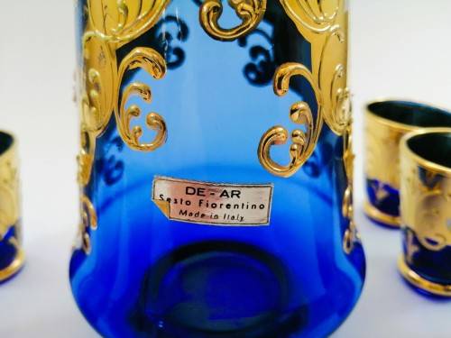 Vintage Italian Cobalt Blue & Gold Venetian De - Ar Sesto Fiorentini Italian Glasses and decanter