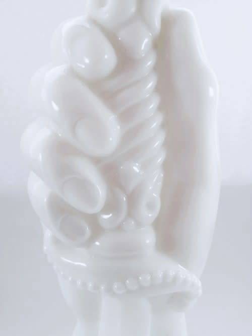 TALL RARE VINTAGE MID-CENTURY MILK GLASS GENIE DECANTER WITH A HAND AND DAGGER MOTIF