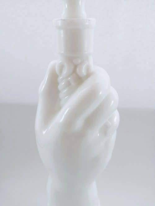 TALL RARE VINTAGE MID-CENTURY MILK GLASS GENIE DECANTER WITH A HAND AND DAGGER MOTIF