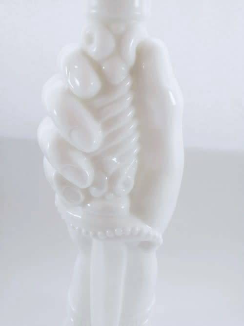 TALL RARE VINTAGE MID-CENTURY MILK GLASS GENIE DECANTER WITH A HAND AND DAGGER MOTIF