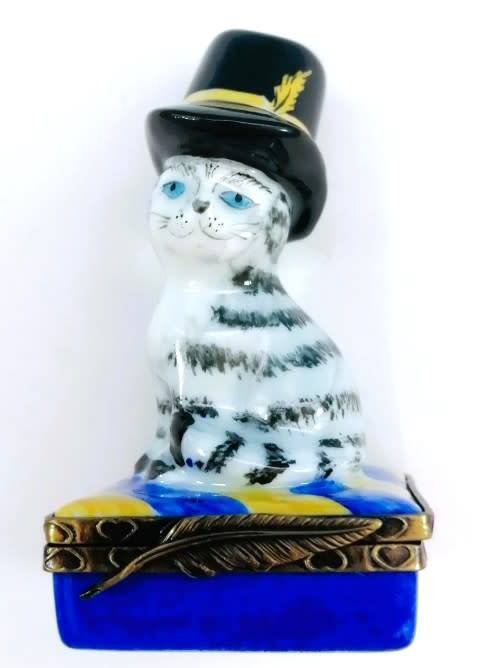 Limoges France Trinket Box Stripey Gray Cat with Hat sat on Cushion Peint Main Marque