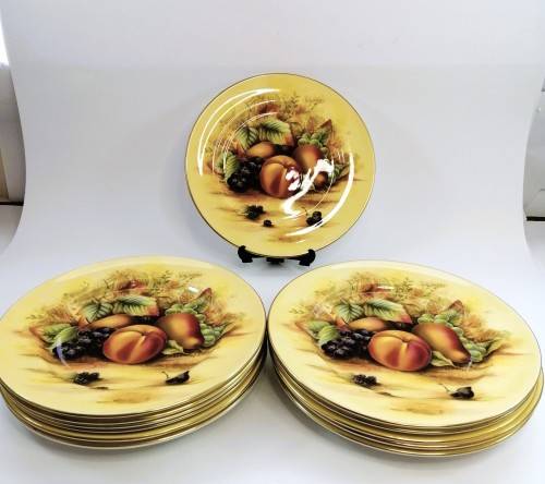 Aynsley Orchard Gold Still Life Fruit Pattern 12 Large Dinner Plates
