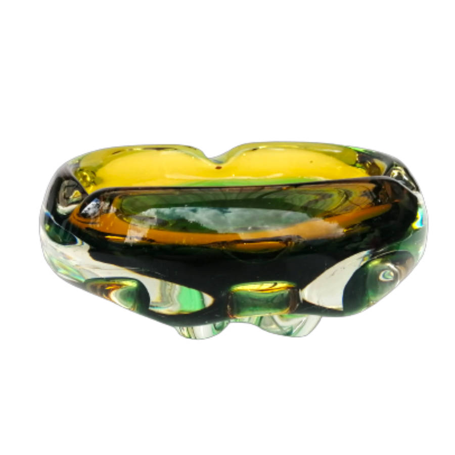 Murano Glass Bright Vibrant Green Amber and Yellow Dish Bowl