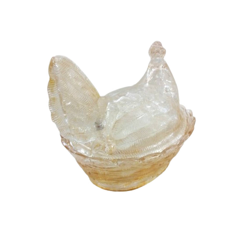 Vintage Light Amber Pressed Glass Chicken / Hen Nest Lidded Dish