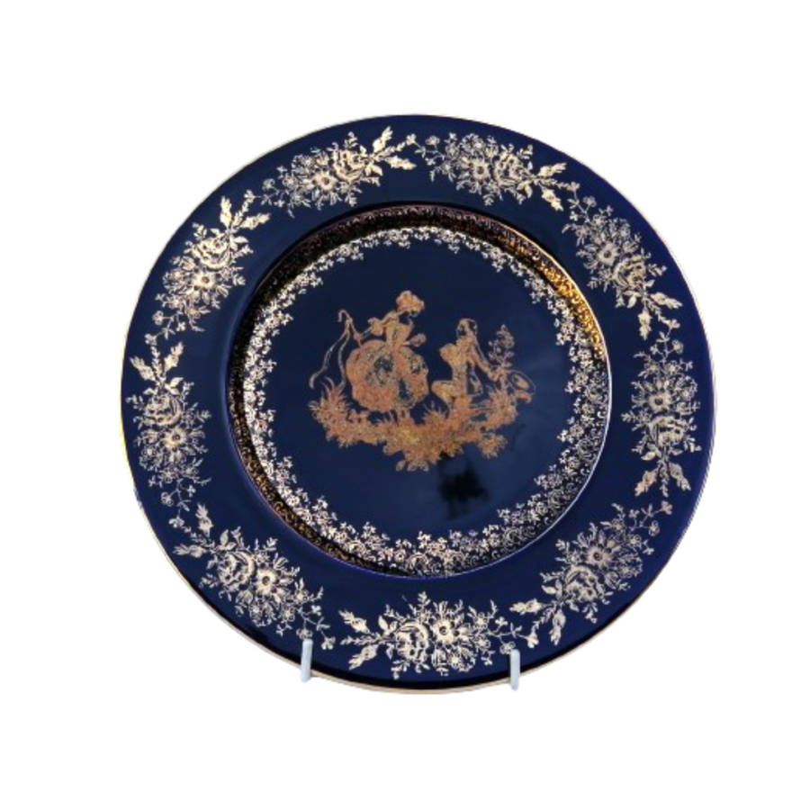 Limoges Castel Porcelain France Courting Couple Cobalt Blue 22k Gold Plate