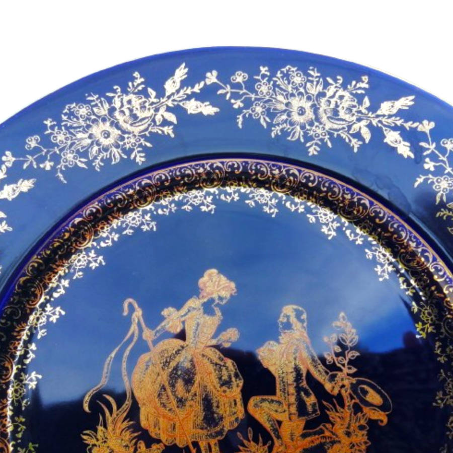 Limoges Castel Porcelain France Courting Couple Cobalt Blue 22k Gold Plate