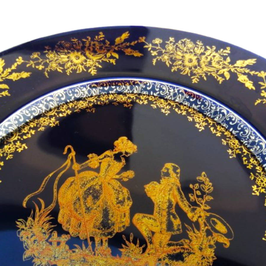 Limoges Castel Porcelain France Courting Couple Cobalt Blue 22k Gold Plate
