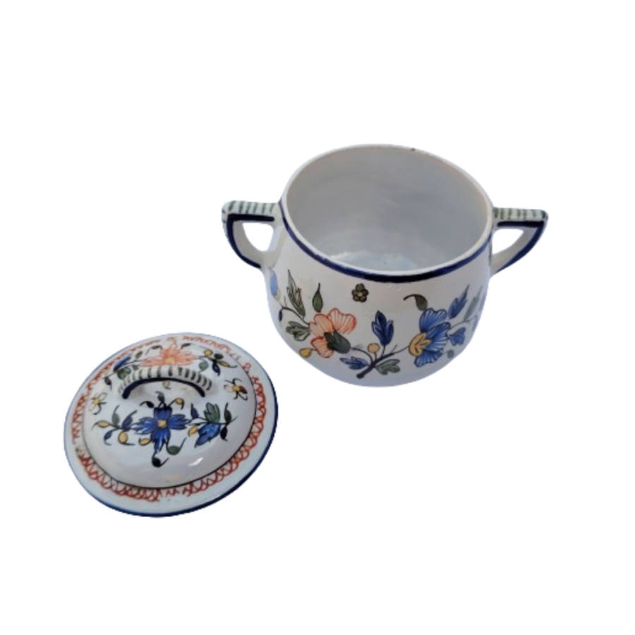 Vintage Vieux Rouen Jar Lidded Pot French Faience Hand Decorated