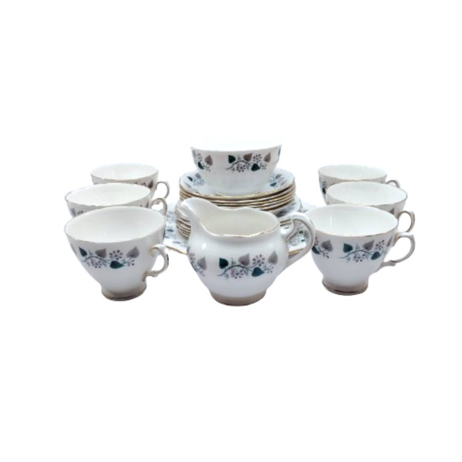 Royal Vale Bone China with blue & grey leaf  Tea Set