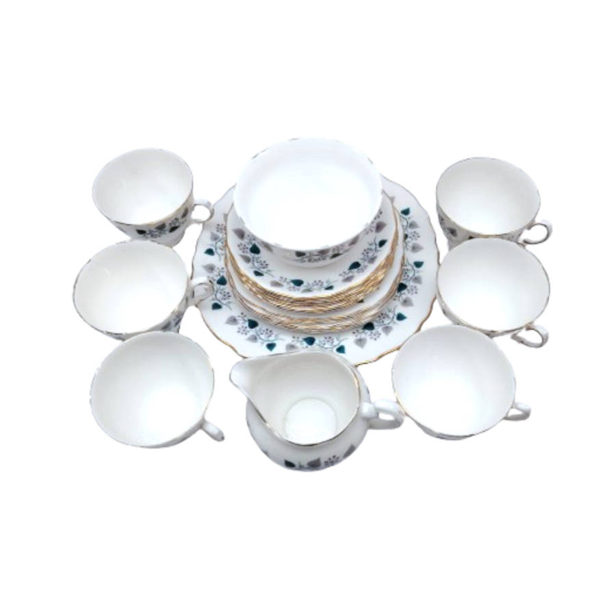 Royal Vale Bone China with blue & grey leaf  Tea Set