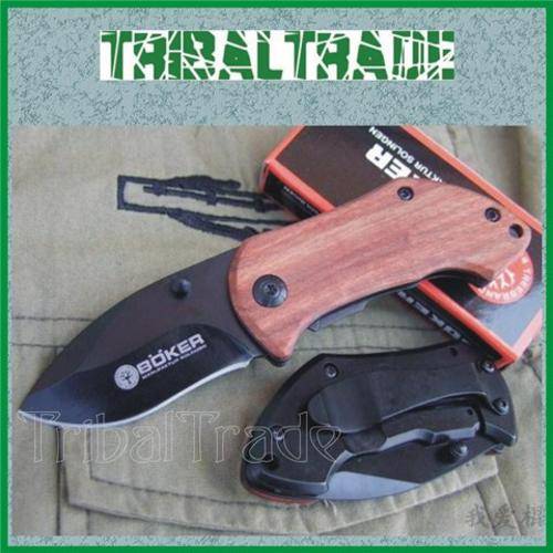 BOKER DA33 FOLDING KNIFE - Stainless Steel Blade - Belt Clip - WOODEN HANDLE - Nice!!