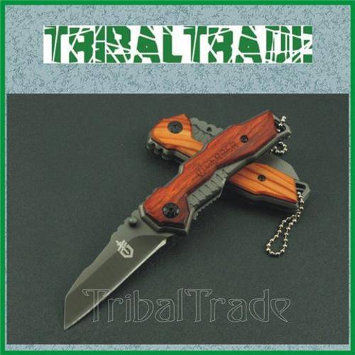 5 to GO!! GERBER X27 FOLDING KNIFE - Engraved Wooden Handle & Titanium Plated Blade - ** WOW **