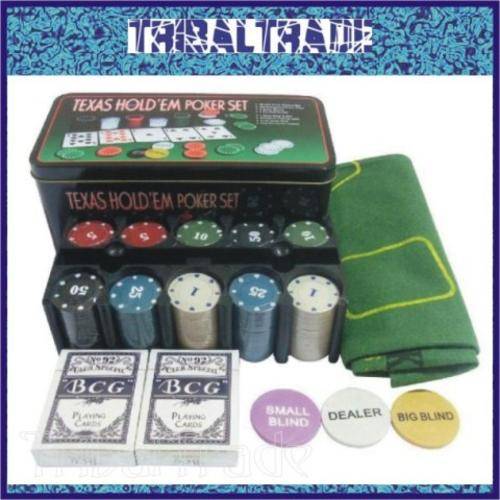 4 Sets to GO!! TEXAS HOLD'EM POKER SET - 200 Chips, 2 Decks of Cards, Chips Rack - STYLISH TIN!