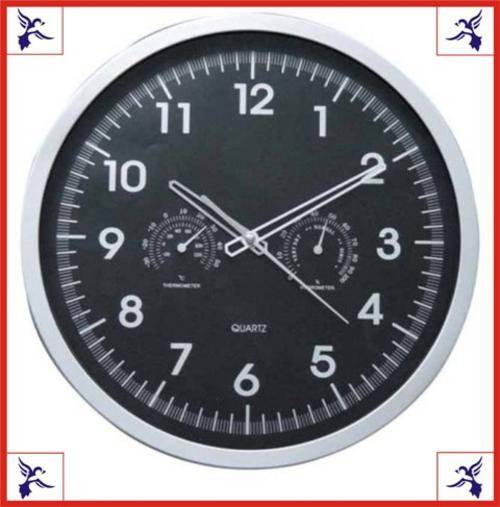 WEATHER STATION WALL CLOCK - Sweep movement - Silver & Black.