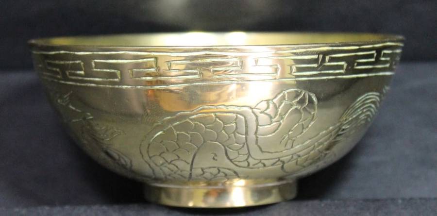 Solid Brass Small Bowl Chinese Dragon Engraving