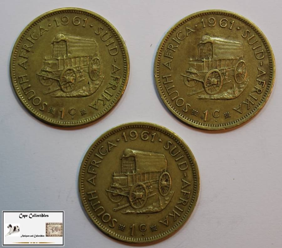 South Africa 1 Cent 1961 x 3 Coins (Three) EF40