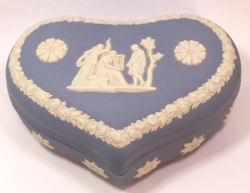Wedgwood Blue Jasperware Heart Shaped Trinket Box `Maiden with Harp` with Lid