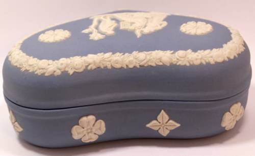 Wedgwood Blue Jasperware Heart Shaped Trinket Box `Maiden with Harp` with Lid