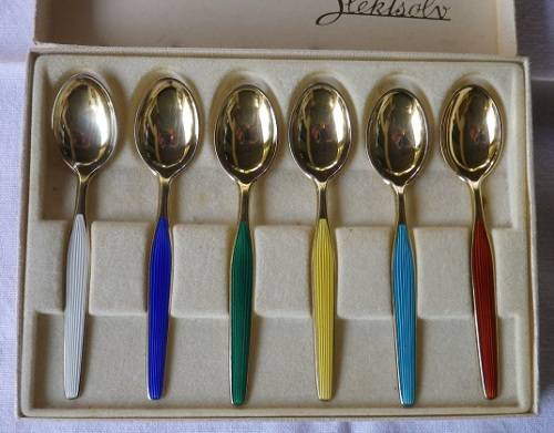 Magnificent Magnus Aase Norwegian Gilded Sterling Silver & Guilloche spoons