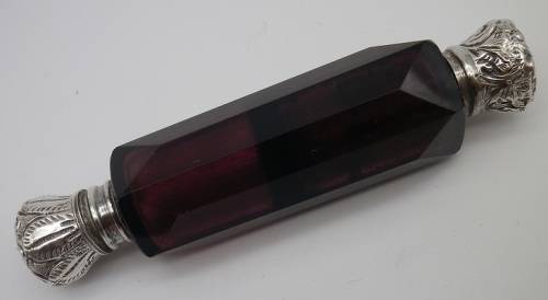 FOR GLEAVES ONLY PLEASE!!ANTIQUE cranberry glass & silver DOUBLE-SIDED perfume SMELLING SALTS bottle
