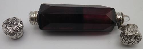 FOR GLEAVES ONLY PLEASE!!ANTIQUE cranberry glass & silver DOUBLE-SIDED perfume SMELLING SALTS bottle