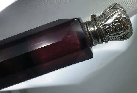 FOR GLEAVES ONLY PLEASE!!ANTIQUE cranberry glass & silver DOUBLE-SIDED perfume SMELLING SALTS bottle