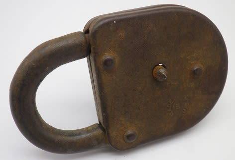 Vintage ACME padlock and key. Rusty & characterful. WORKS!!