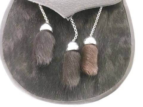Authentic SCOTTISH leather & fur SPORRAN, chrome thistle badge, belt and chain. v good conidtion