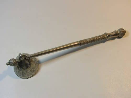 Ornate, heavy candle snuffer. Silver tone metal, fabulous quality. Possibly pewter. 20cm