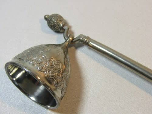 Ornate, heavy candle snuffer. Silver tone metal, fabulous quality. Possibly pewter. 20cm